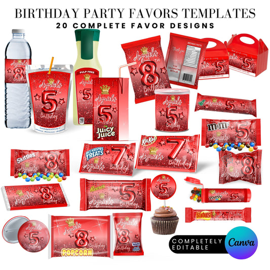 Red Princess Glitter Birthday Party Favor Templates Bundle