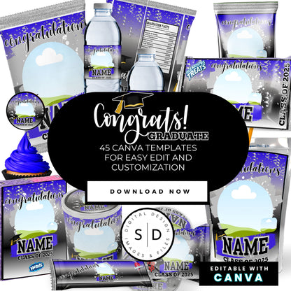 Class of 2025 Graduation Silver Party Favor Canva Template Bundle 🎓✨