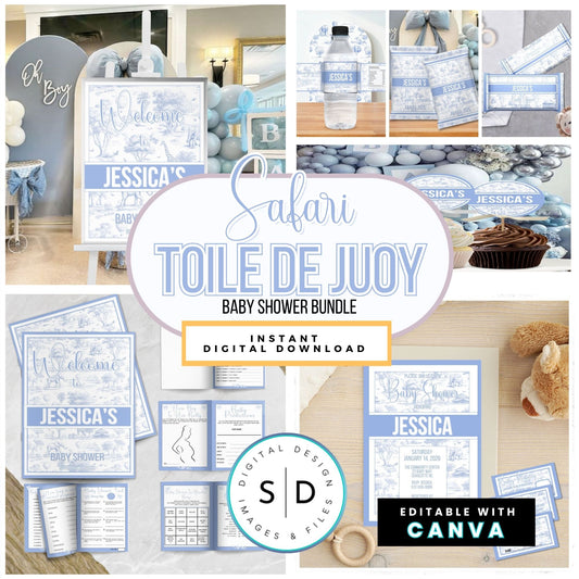 🦁 Safari Toile de Jouy Baby Shower Bundle – Dusty Blue Edition