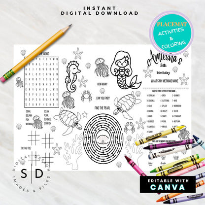 Mermaid Birthday Party Activity Sheet – Editable Canva Template