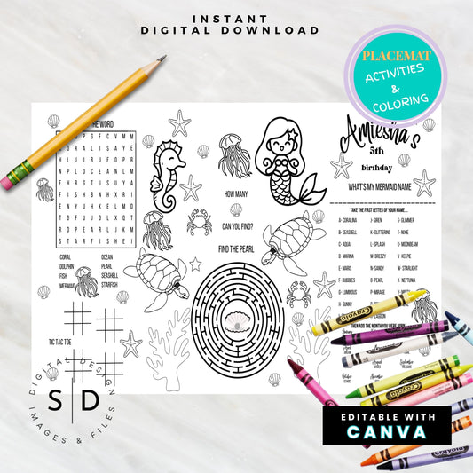 Mermaid Birthday Party Activity Sheet – Editable Canva Template