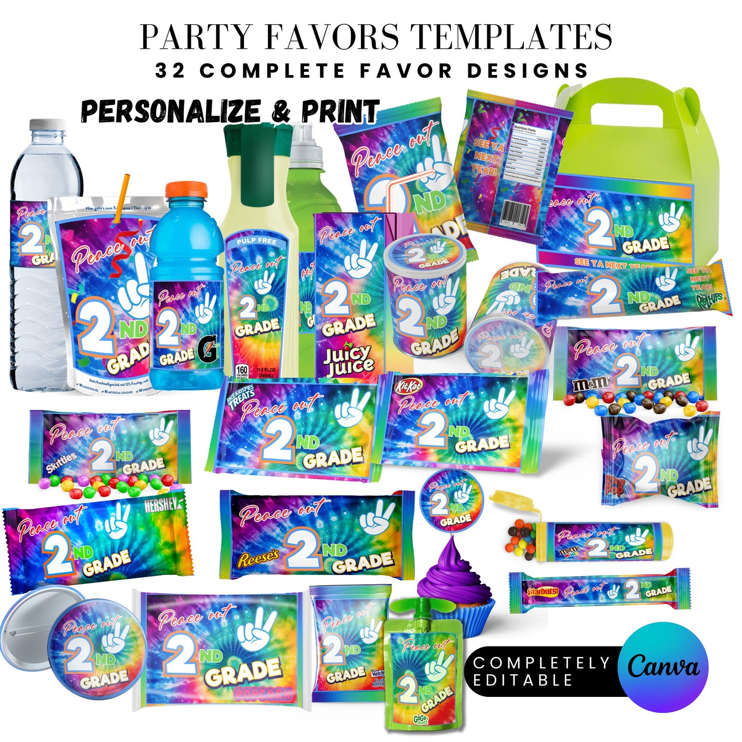 End of School Year Tie Dye Treat Wrapper Canva Templates Bundle