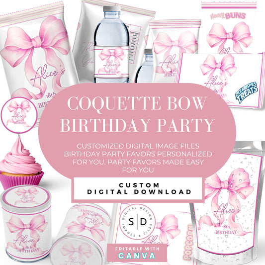 Pink Coquette Bow Party Favor Canva Template Bundle 🎀✨