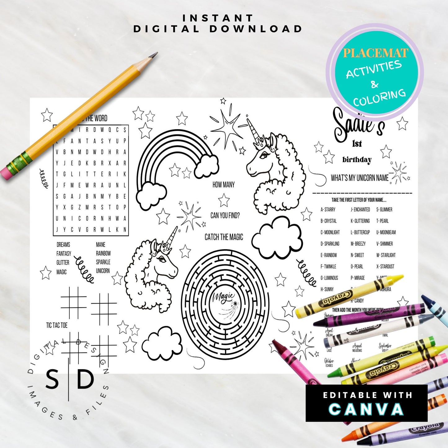 Afro Unicorn Birthday Party Activity Sheet