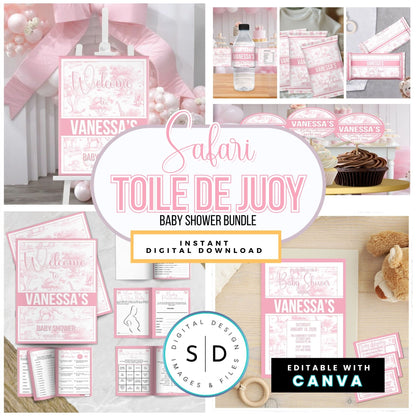 🌸 Safari Toile de Jouy Baby Shower Bundle – Editable Canva Templates 🌸
