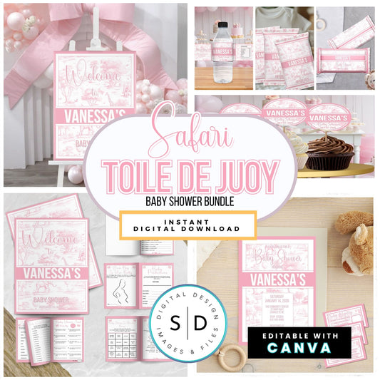 🌸 Safari Toile de Jouy Baby Shower Bundle – Editable Canva Templates 🌸