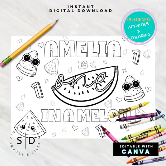 One in a Melon Birthday Activity Placemat – Editable Canva Template