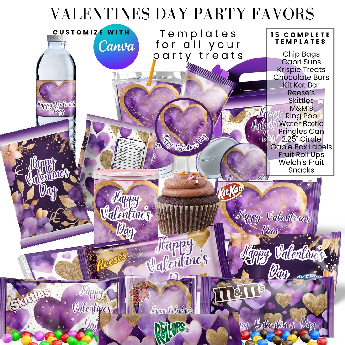 Purple Gold Valentines Party Favors Templates Bundle