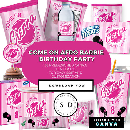 Come On Afro Barbie Birthday Party Favor Templates