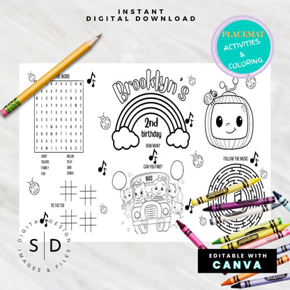 Cocomelon-Inspired Birthday Activity Sheet – Editable Canva Template
