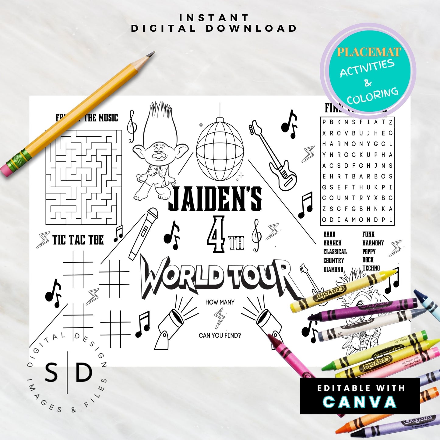 Trolls World Tour Birthday Party Activity Sheet – Editable Canva Template 🎶✨