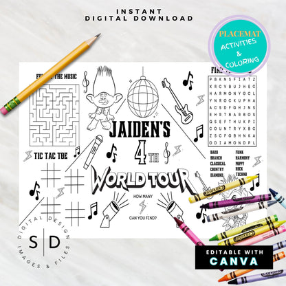 Trolls World Tour Birthday Party Activity Sheet – Editable Canva Template 🎶✨
