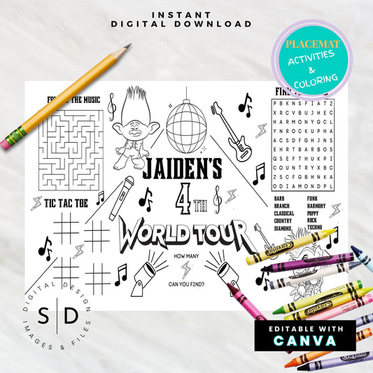 Trolls World Tour Birthday Party Activity Sheet – Editable Canva Template 🎶✨