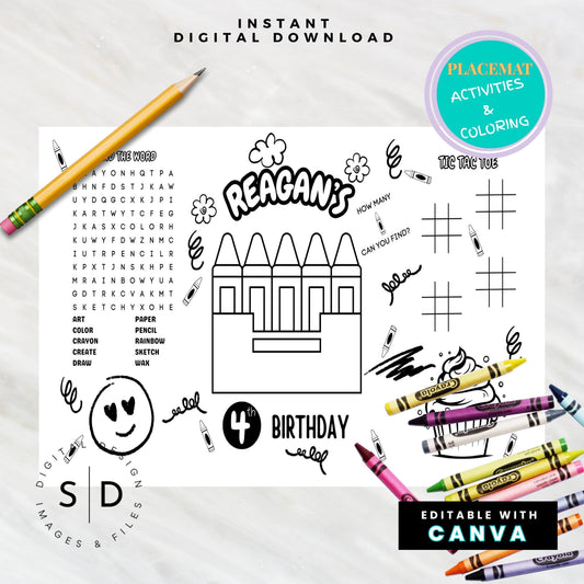 Crayon Birthday Party Activity Sheet – Editable Canva Template
