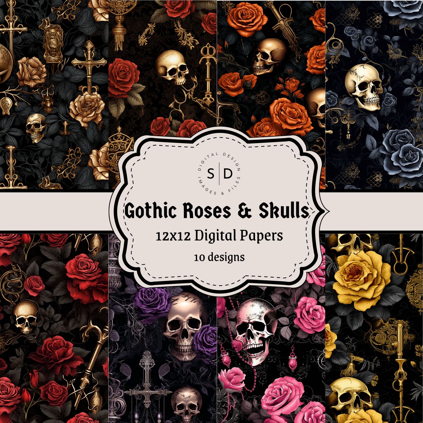 Gothic Skulls and roses seamless patterns 12x12" Papers