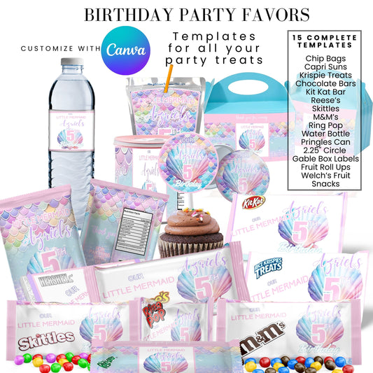 Mermaid Scales Pastel Birthday Party Favor Templates Bundle