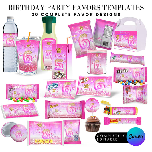 Pink Princess Glitter Birthday Party Favor Templates Bundle