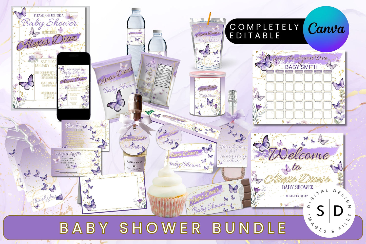 Purple Watercolor Butterfly Baby Shower Bundle