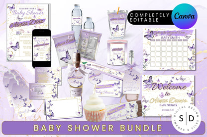 Purple Watercolor Butterfly Baby Shower Bundle