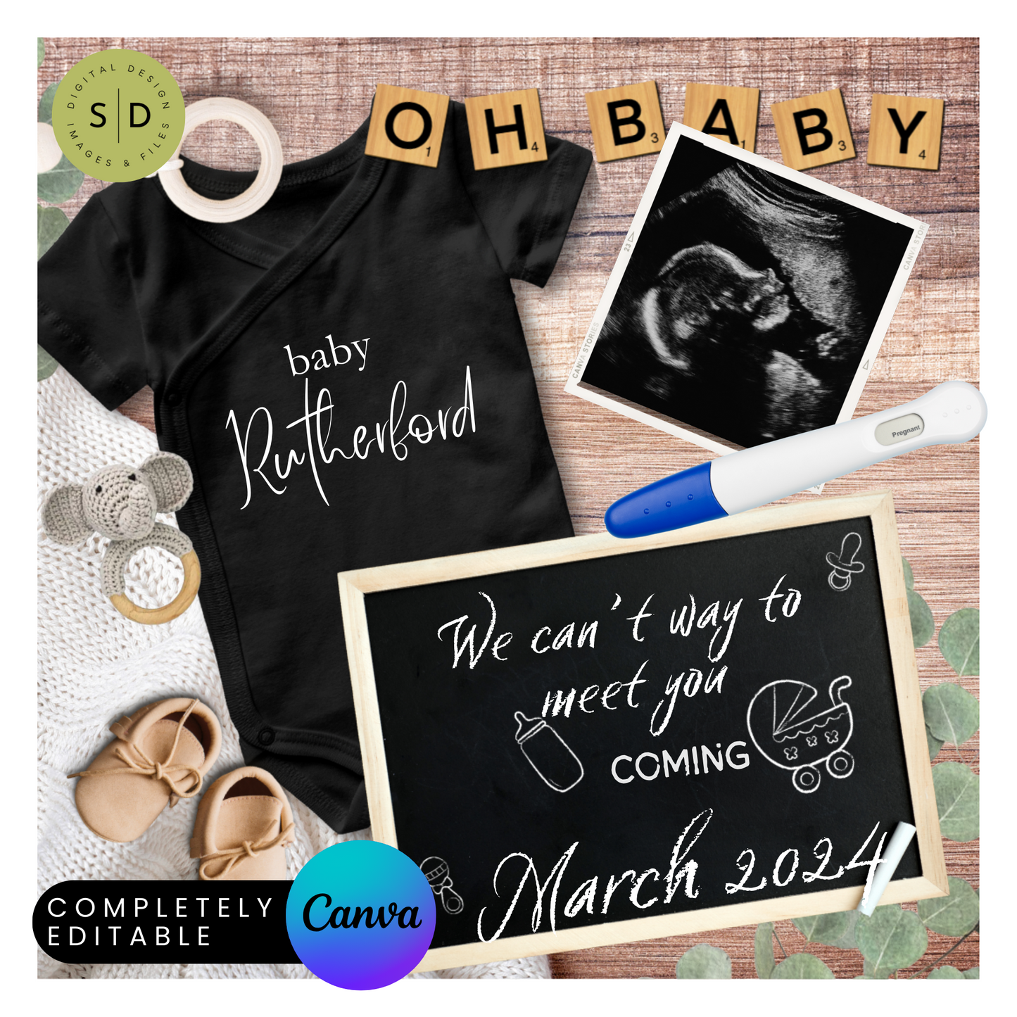 Pregnancy Announcement Digital Baby Announcement Neutral Black Bodysuit