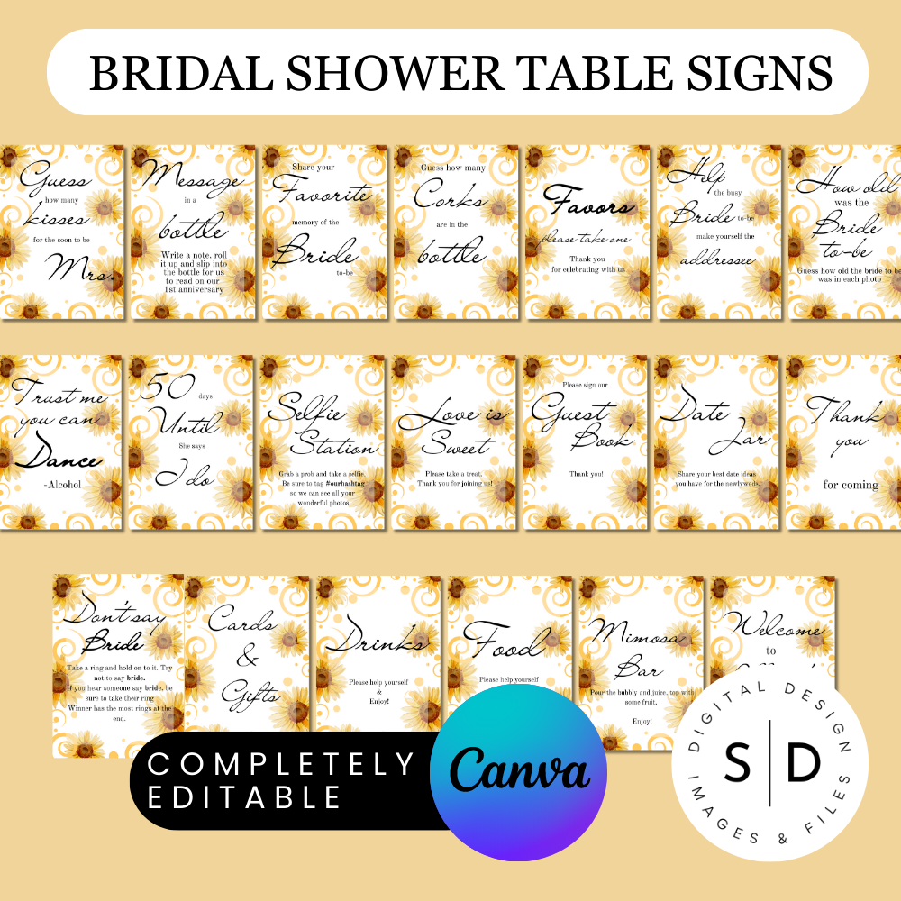 Sunflower Bridal Shower Table Signs Bundle