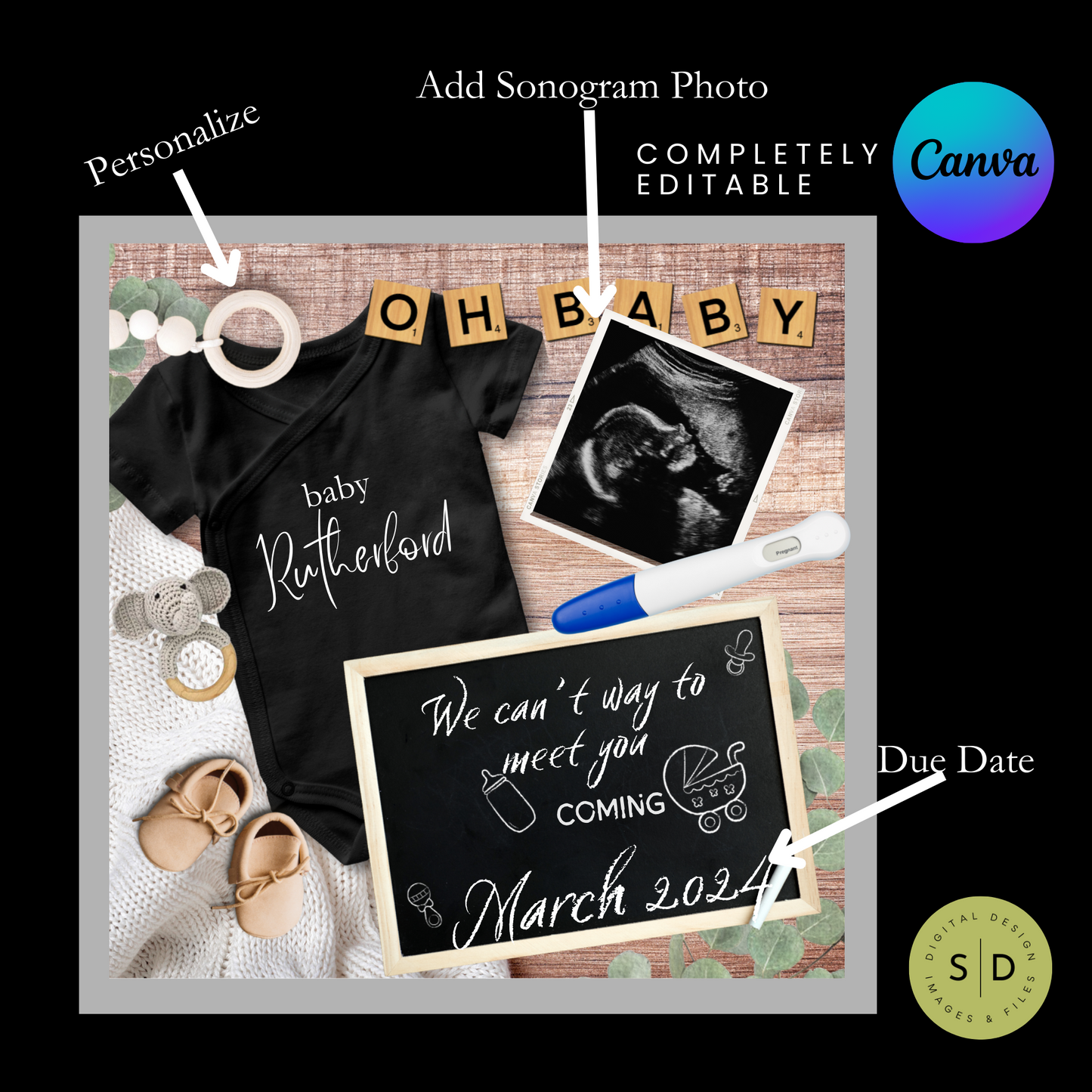 Pregnancy Announcement Digital Baby Announcement Neutral Black Bodysuit
