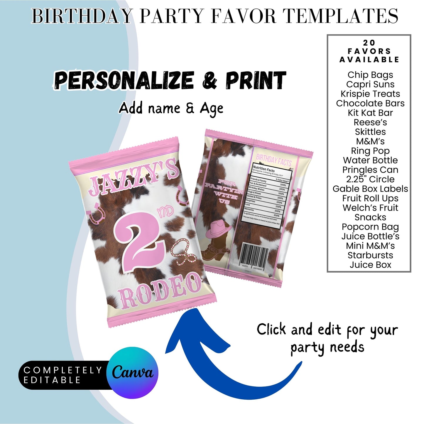 Pink Rodeo Birthday Party Favor Templates Bundle