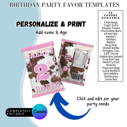 Pink Rodeo Birthday Party Favor Templates Bundle