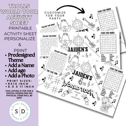 Trolls World Tour Birthday Party Activity Sheet – Editable Canva Template 🎶✨