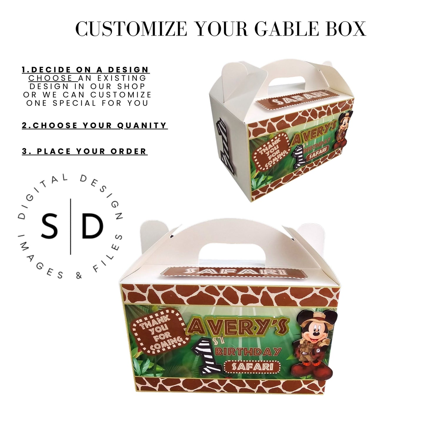 Custom birthday party Gable boxes, treat box, Choose Your Design