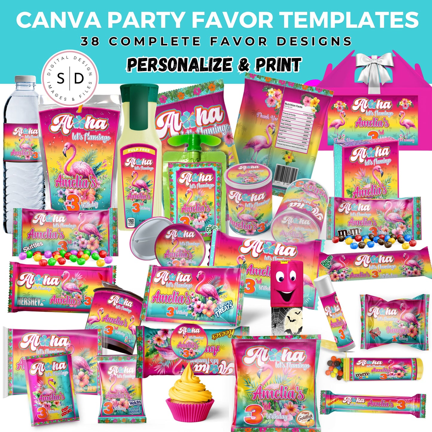 Aloha Let's Flamingo Birthday Party Favor Templates Bundle