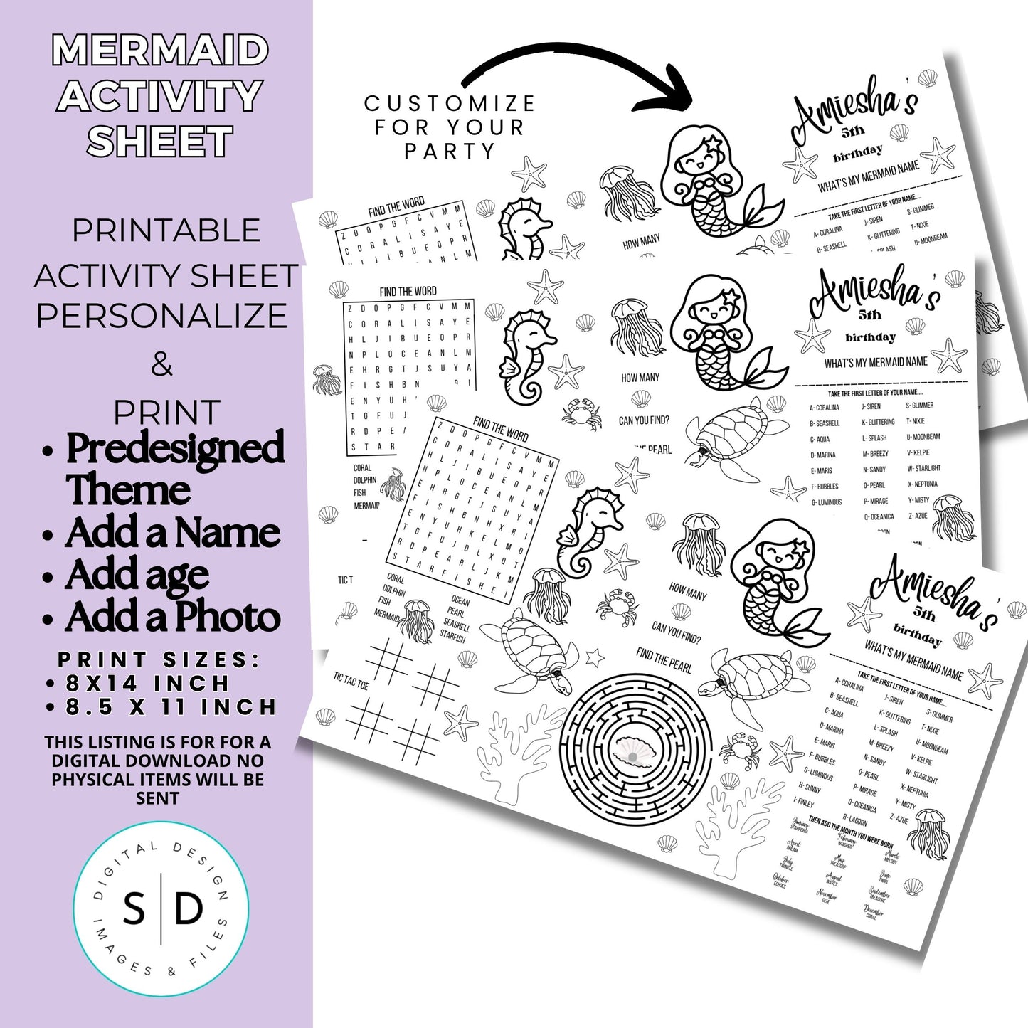 Mermaid Birthday Party Activity Sheet – Editable Canva Template
