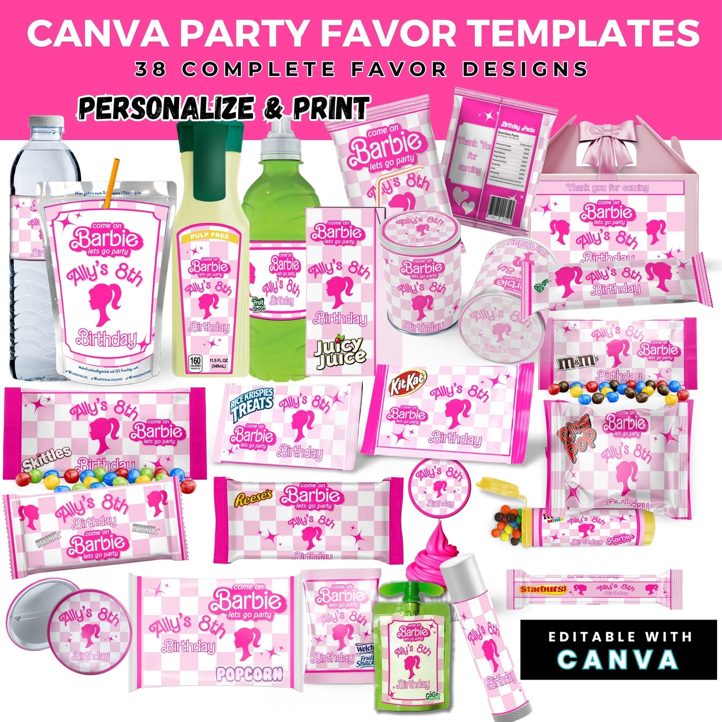 Let's Go Party Retro Barbie Birthday Party Favor Templates