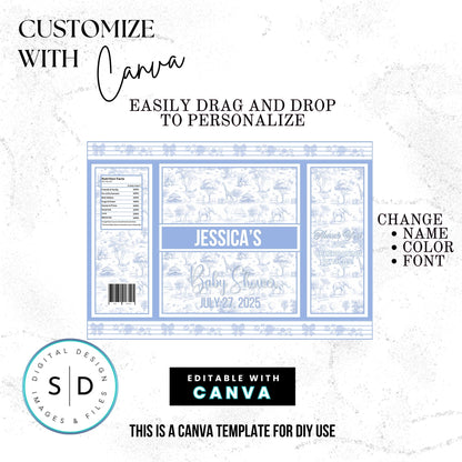 🦁 Safari Toile de Jouy Baby Shower Bundle – Dusty Blue Edition