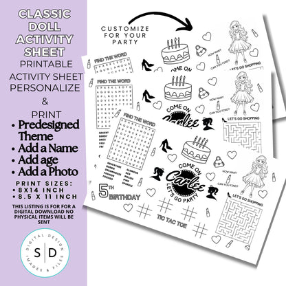 Fashion Doll Birthday Party Activity Sheet
