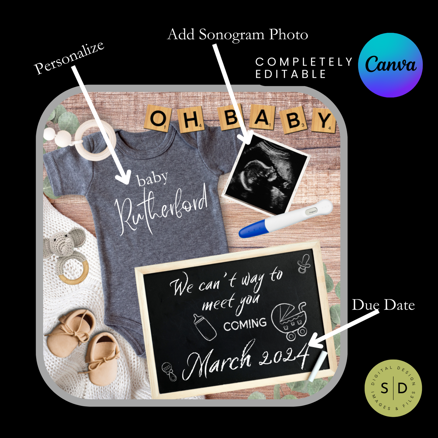 Pregnancy Announcement Digital Baby Announcement Neutral Gray Bodysuit