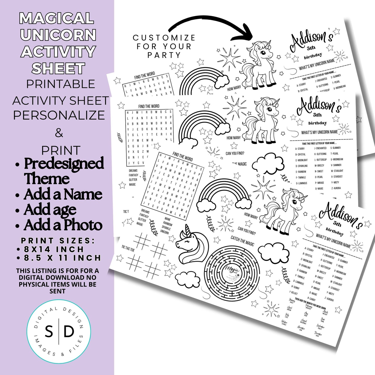 Magical Unicorn Party Activity Sheet