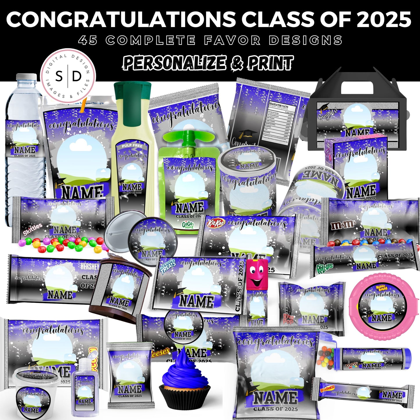 Class of 2025 Graduation Silver Party Favor Canva Template Bundle 🎓✨