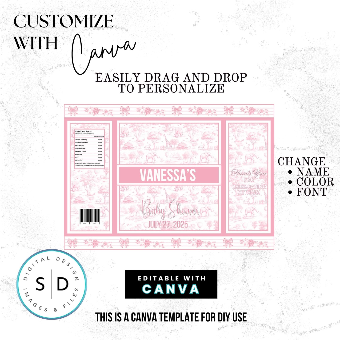 🌸 Safari Toile de Jouy Baby Shower Bundle – Editable Canva Templates 🌸