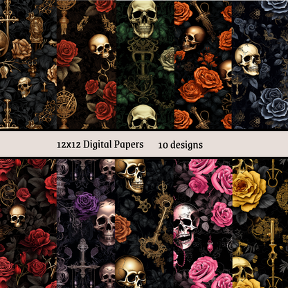 Gothic Skulls and roses seamless patterns 12x12" Papers