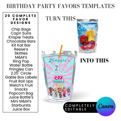 Cry Babies Magic Tears Birthday Party Favors Templates Bundle