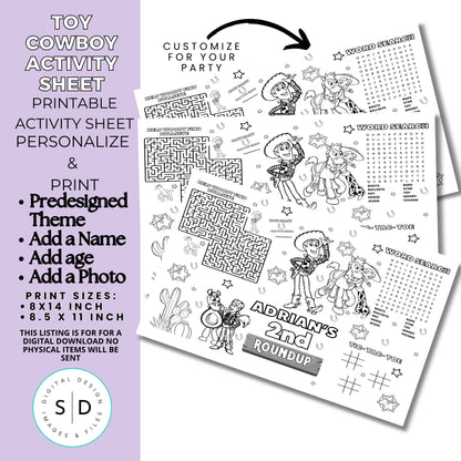 Toy Cowboy Birthday Activity Sheet – Editable Canva Template