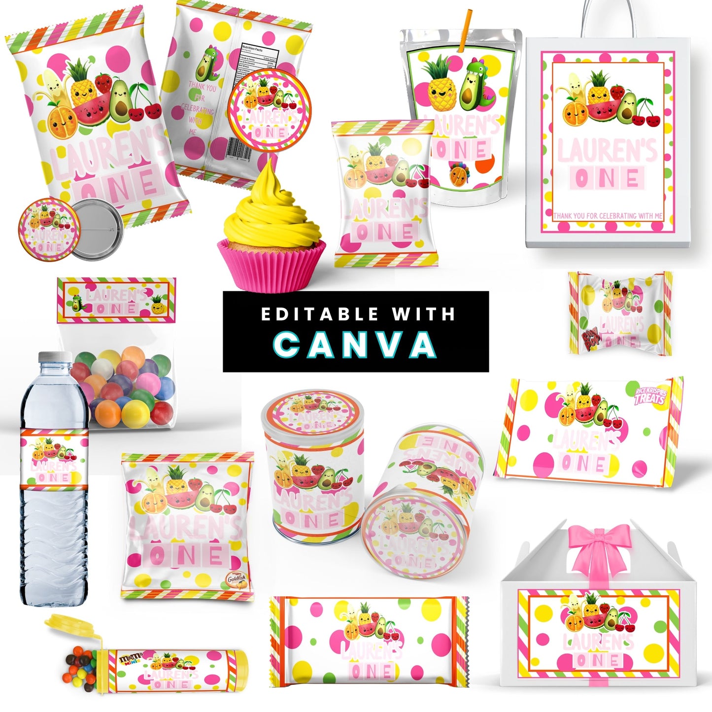 Dancing Fruit Pink Party Favor Templates Bundle