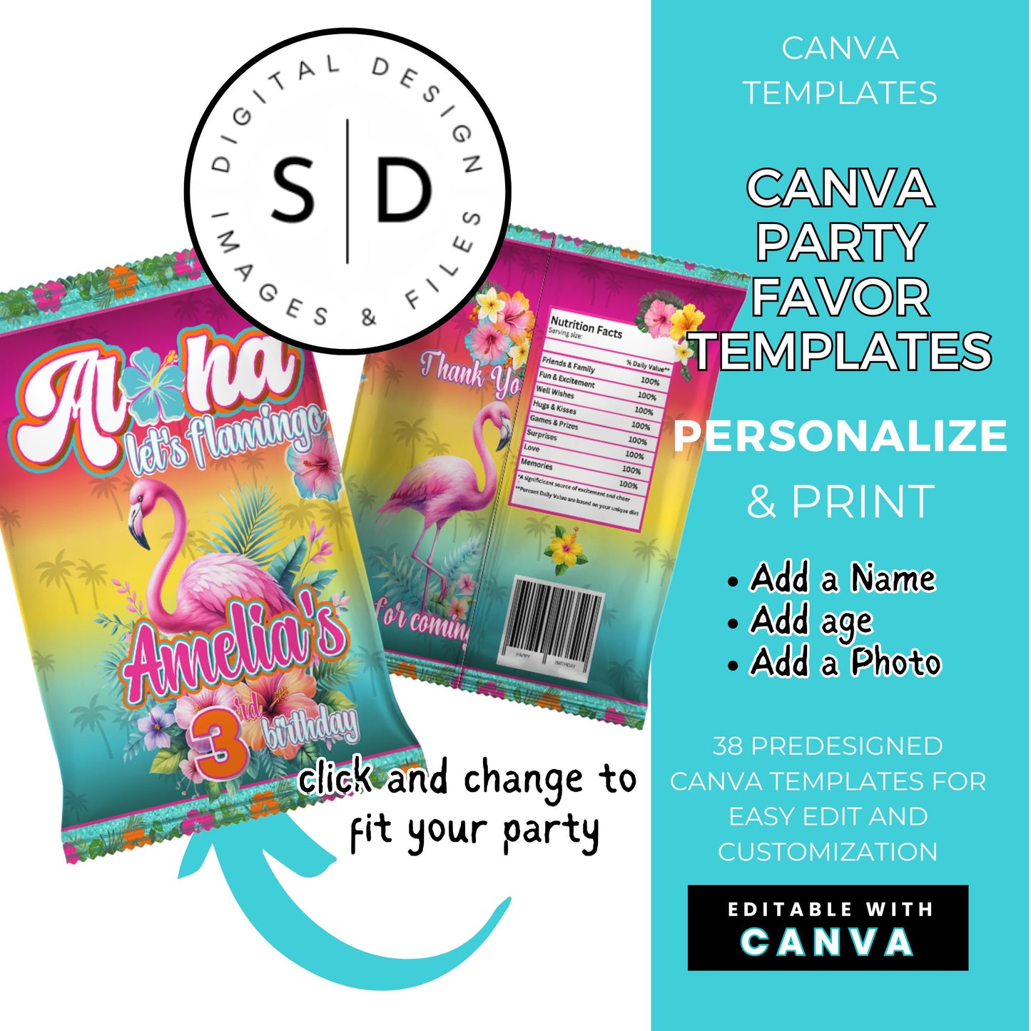 Aloha Let's Flamingo Birthday Party Favor Templates Bundle