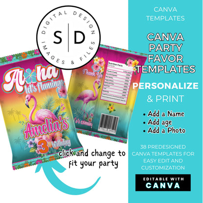 Aloha Let's Flamingo Birthday Party Favor Templates Bundle