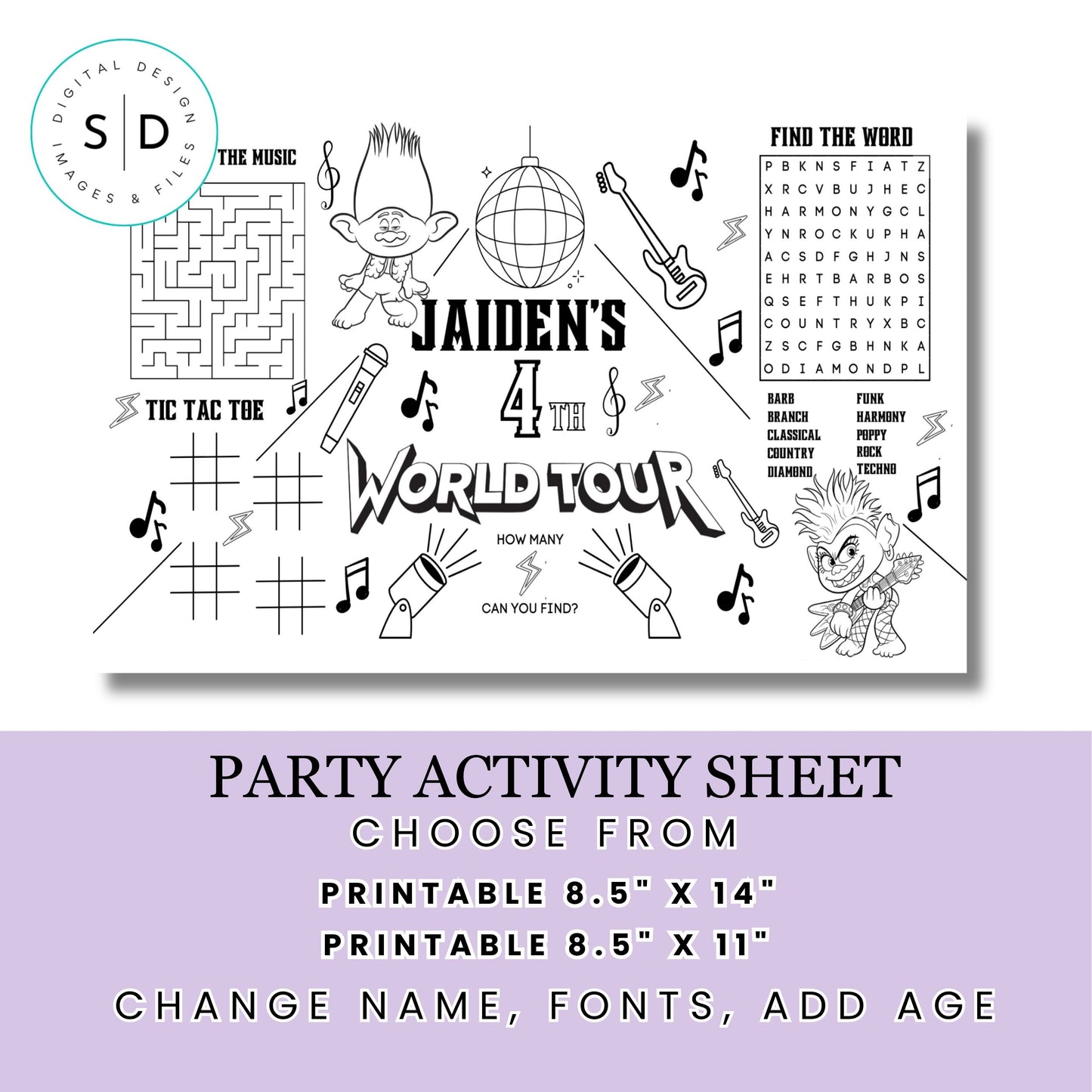 Trolls World Tour Birthday Party Activity Sheet – Editable Canva Template 🎶✨