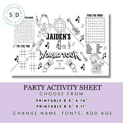 Trolls World Tour Birthday Party Activity Sheet – Editable Canva Template 🎶✨