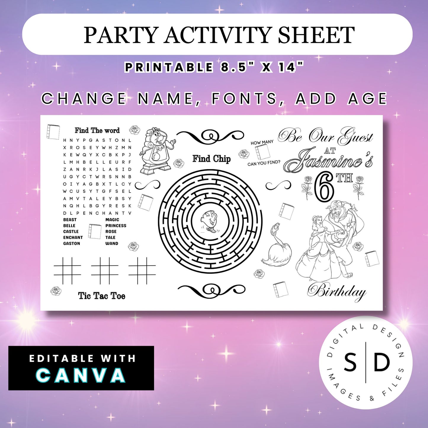 Be Our Guest Belle Party Activity Sheet