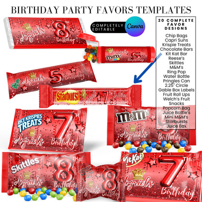 Red Princess Glitter Birthday Party Favor Templates Bundle