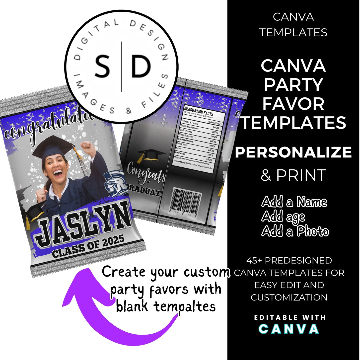 Class of 2025 Graduation Silver Party Favor Canva Template Bundle 🎓✨